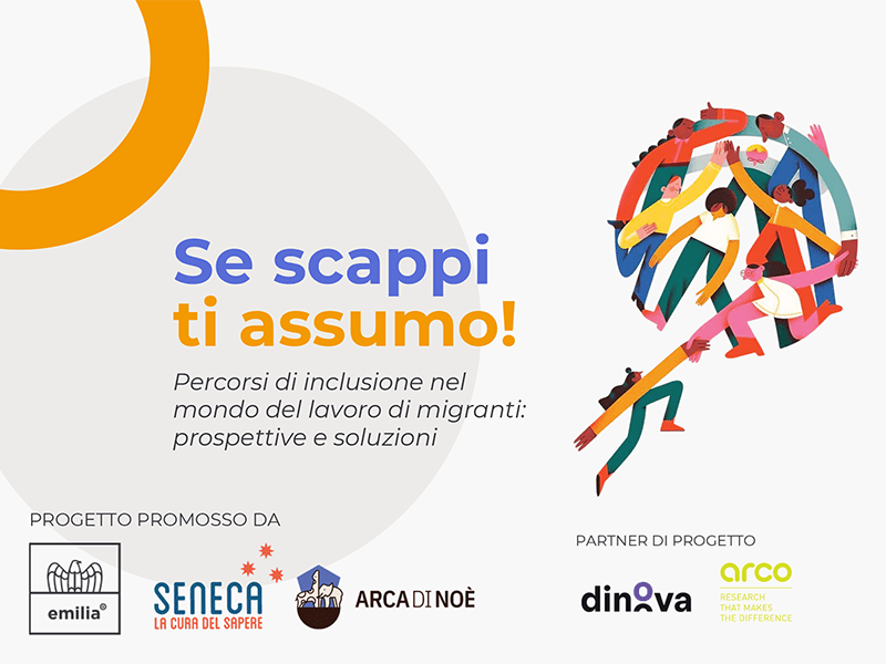 Locandina del progetto “Se scappi ti assumo!” sull’inclusione lavorativa dei migranti, con illustrazione di persone che si aiutano a vicenda e loghi degli enti promotori e partner.